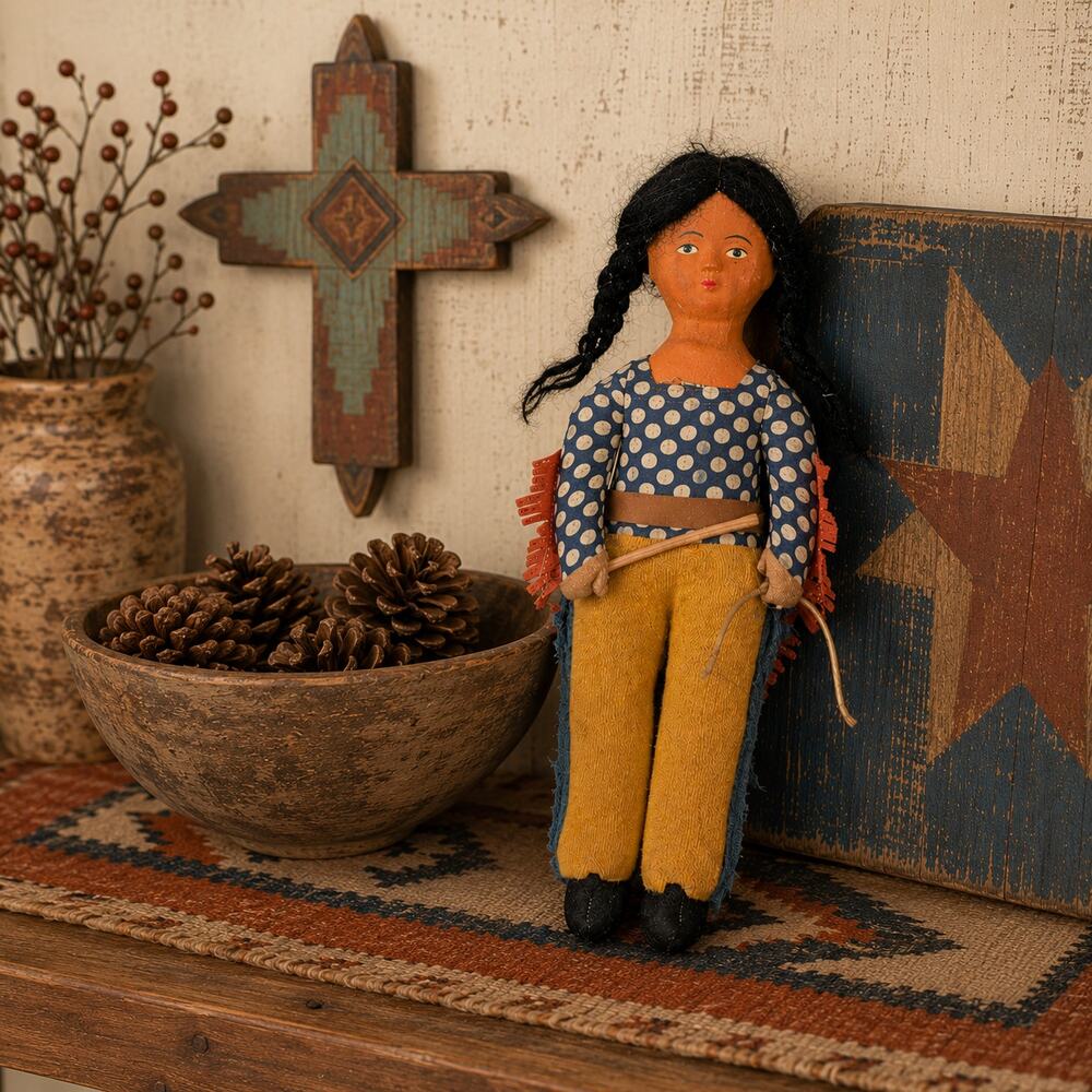Vintage German Primitive Folk Art Doll with Bow and Arrow Cloth Figure 13.5”